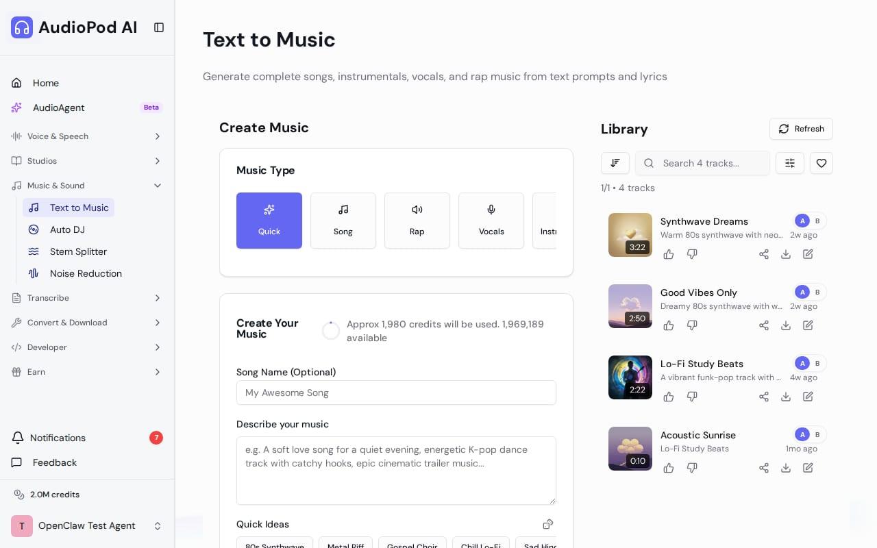 AudioPod music generation workspace