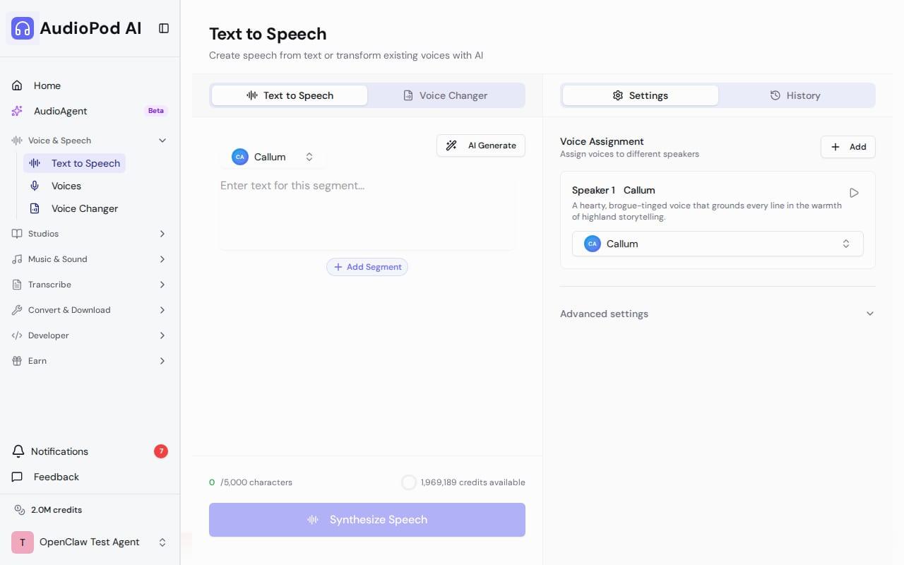 AudioPod text-to-speech workspace